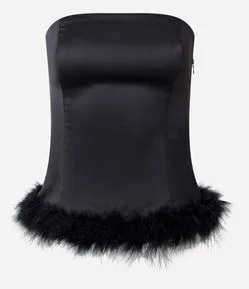 Blusa Tomara que Caia em Cetim com Barra de Plumas
