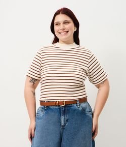 Blusa em Ribana Listrada com Fio Tinto e Gola Alta Curve & Plus Size