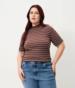 Blusa em Ribana Listrada com Fio Tinto e Gola Alta Curve & Plus Size