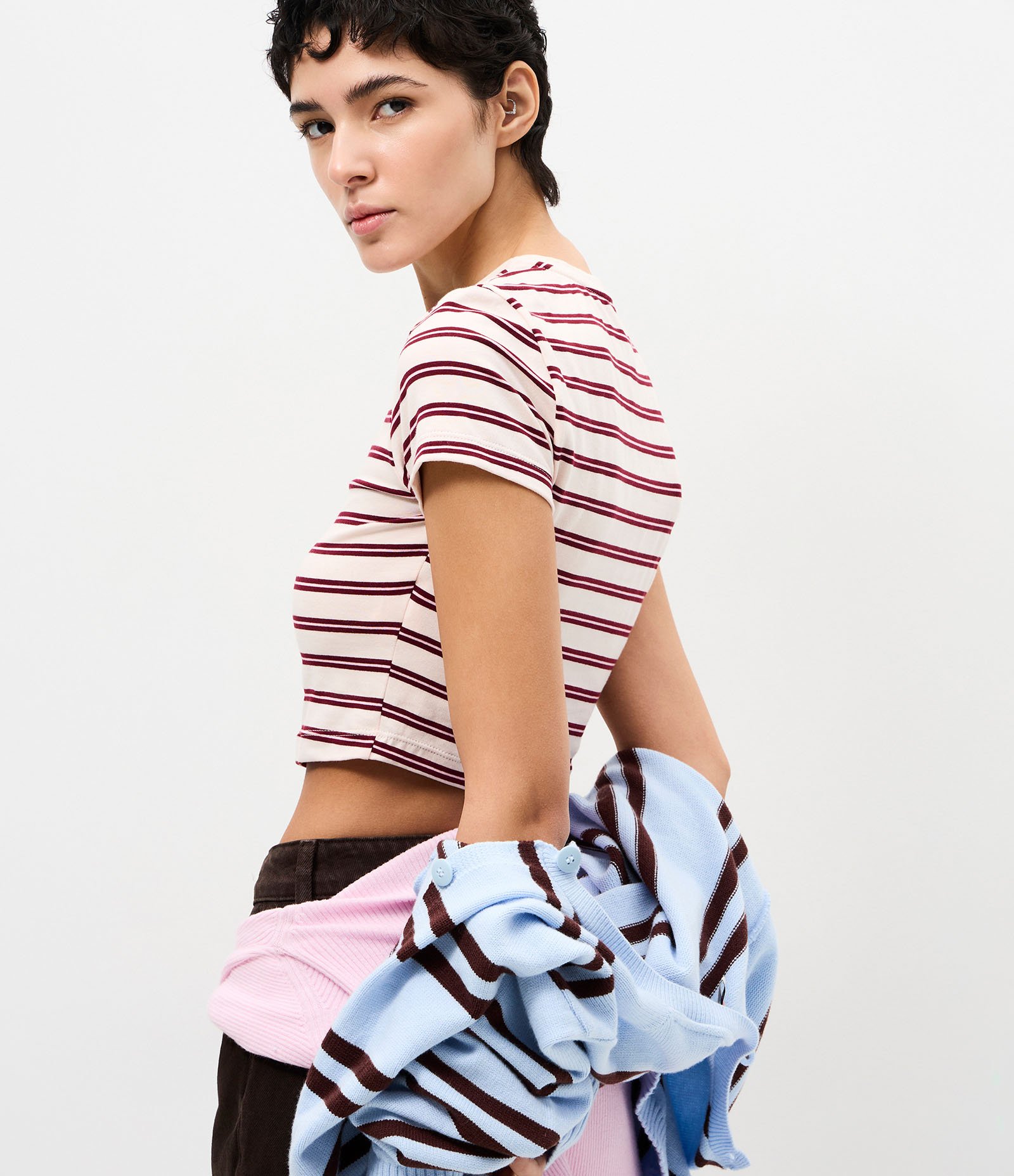 Blusa em Algodão com Estampa Listrada Off White/Vinho 4