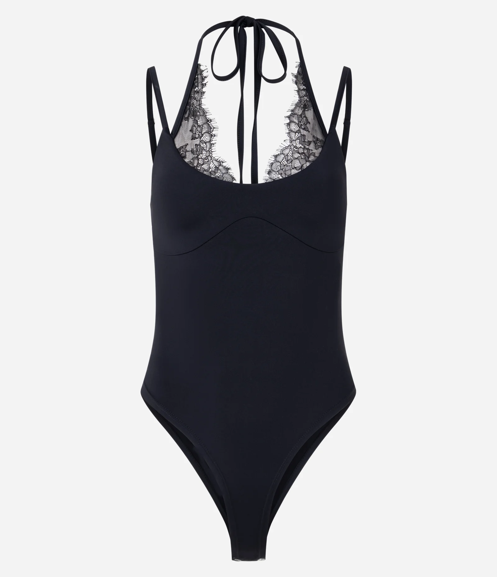 Body em Poliamida com Decote Halter e Detalhes em Renda Preto 1