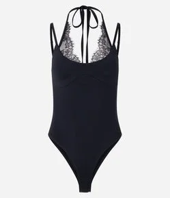 Body em Poliamida com Decote Halter e Detalhes em Renda