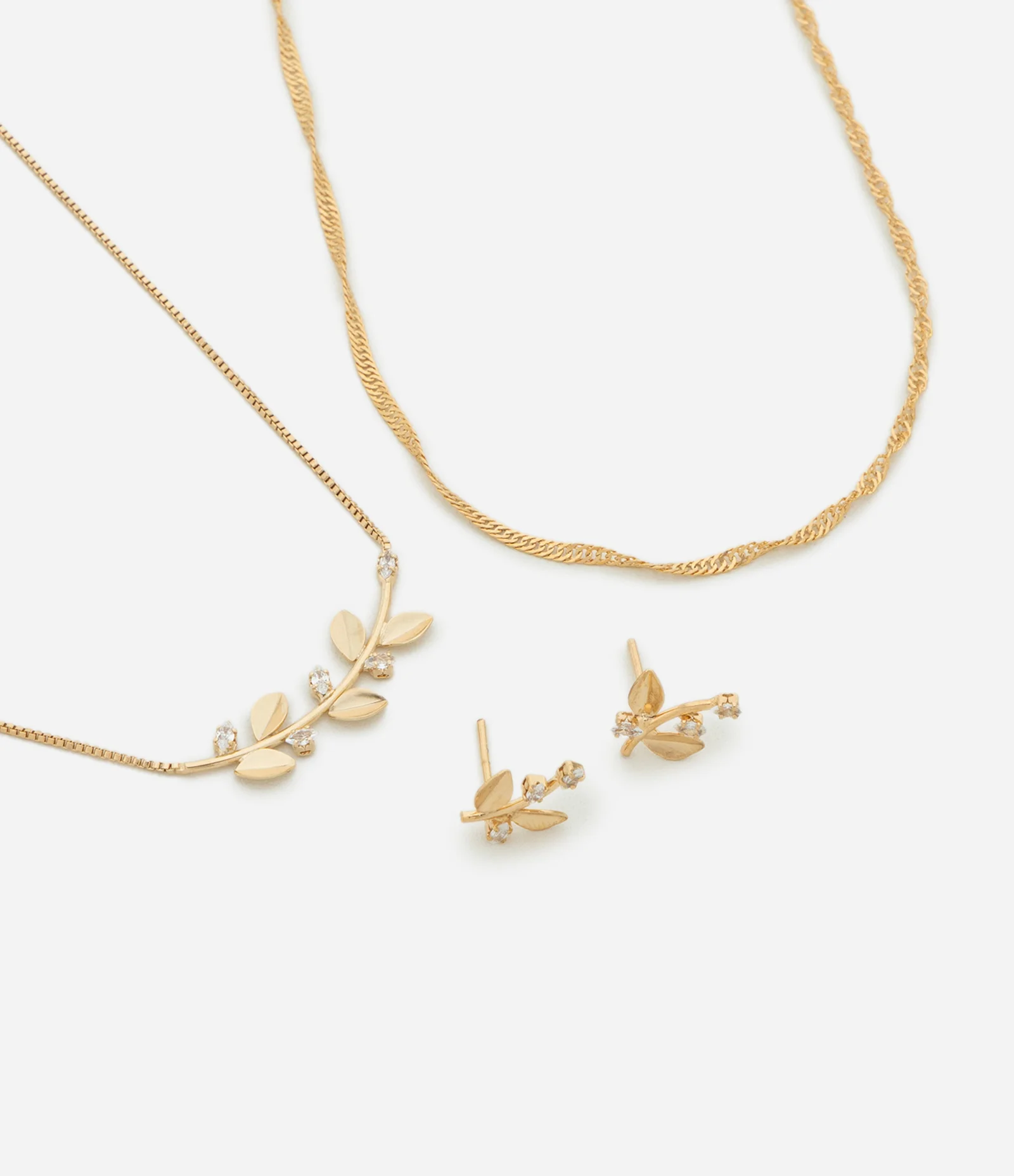 Conjunto Delicado de Colar Camadas e Brincos de Raminhos Dourado 1