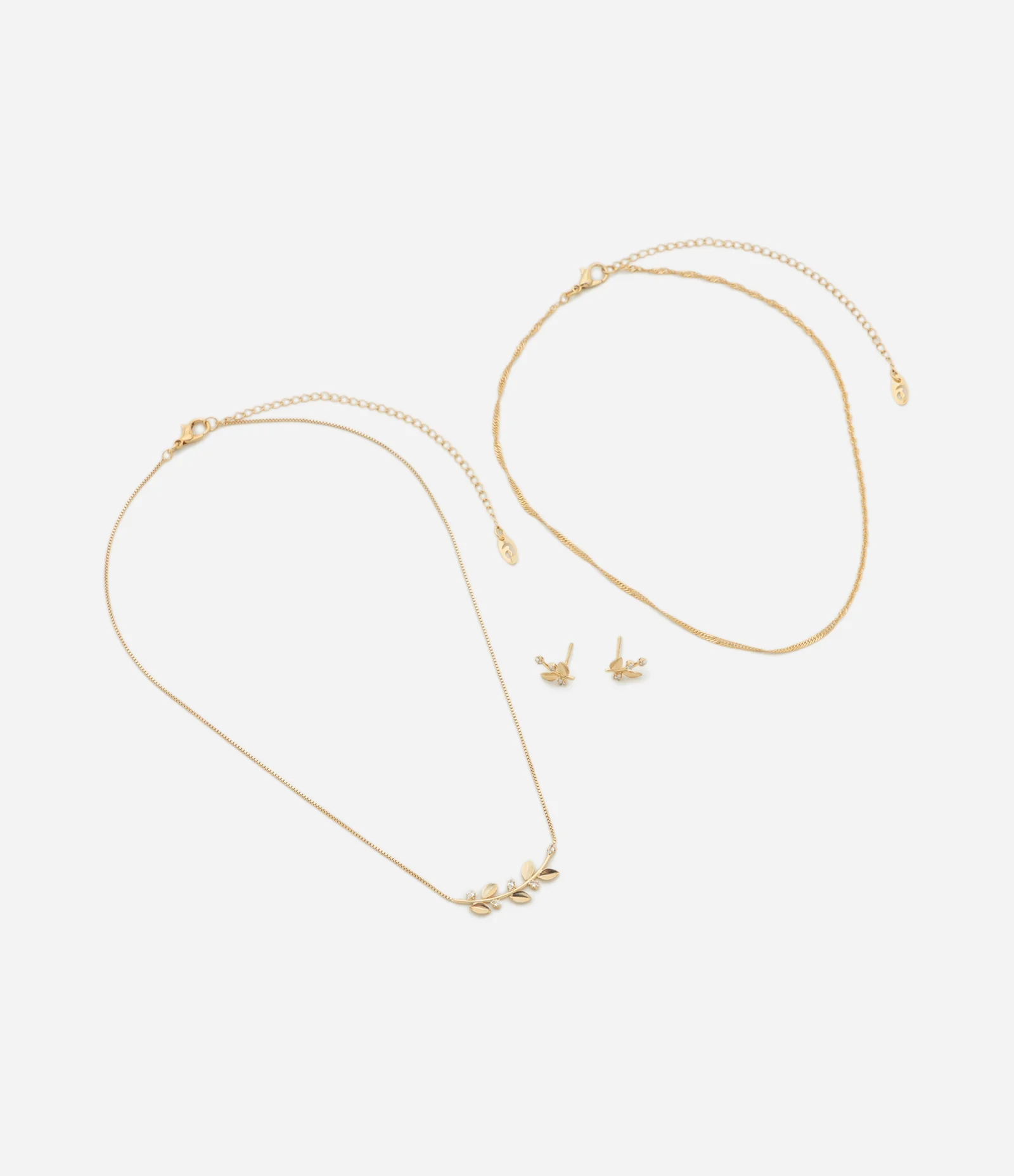 Conjunto Delicado de Colar Camadas e Brincos de Raminhos Dourado 2