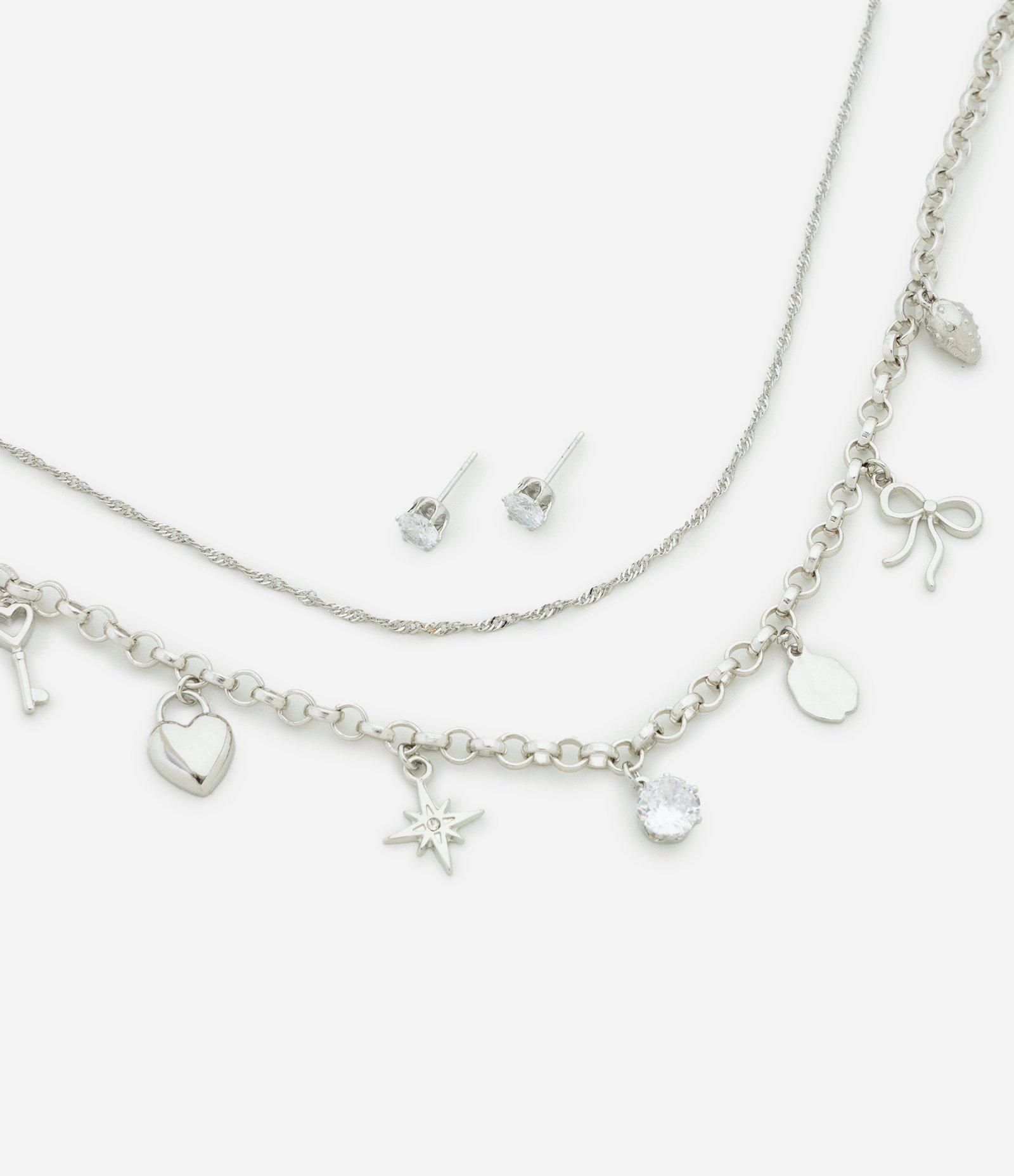 Conjunto de Colar Camadas e Brincos com Ponto de Luz Prata 1