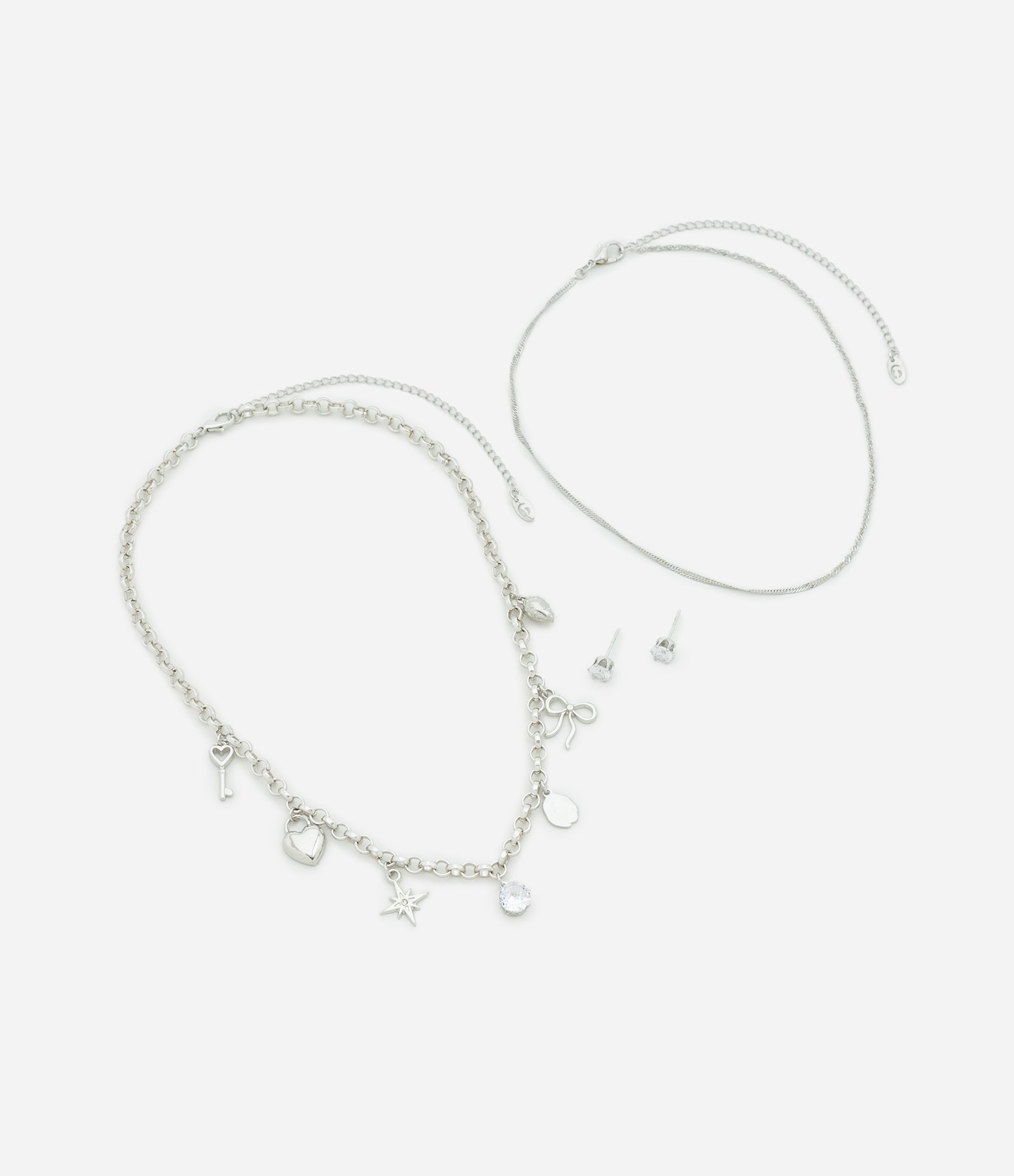 Conjunto de Colar Camadas e Brincos com Ponto de Luz Prata 2
