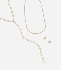 Conjunto de Colar Camadas e Brincos Botão em Metal