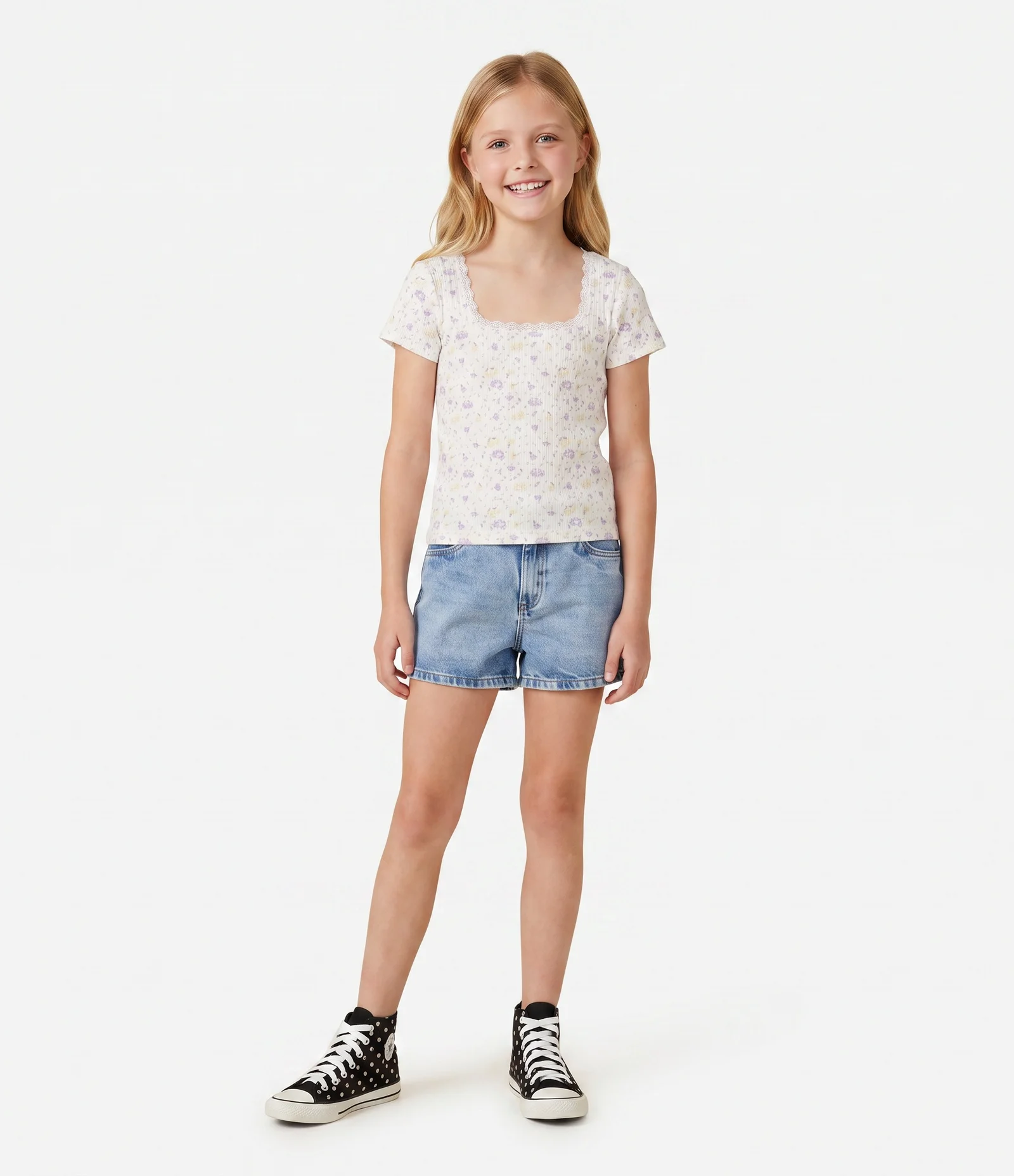 Blusa Infantil Em Algodão Com Rendinha Floral - Tam 5 a 14 Anos Off White 1