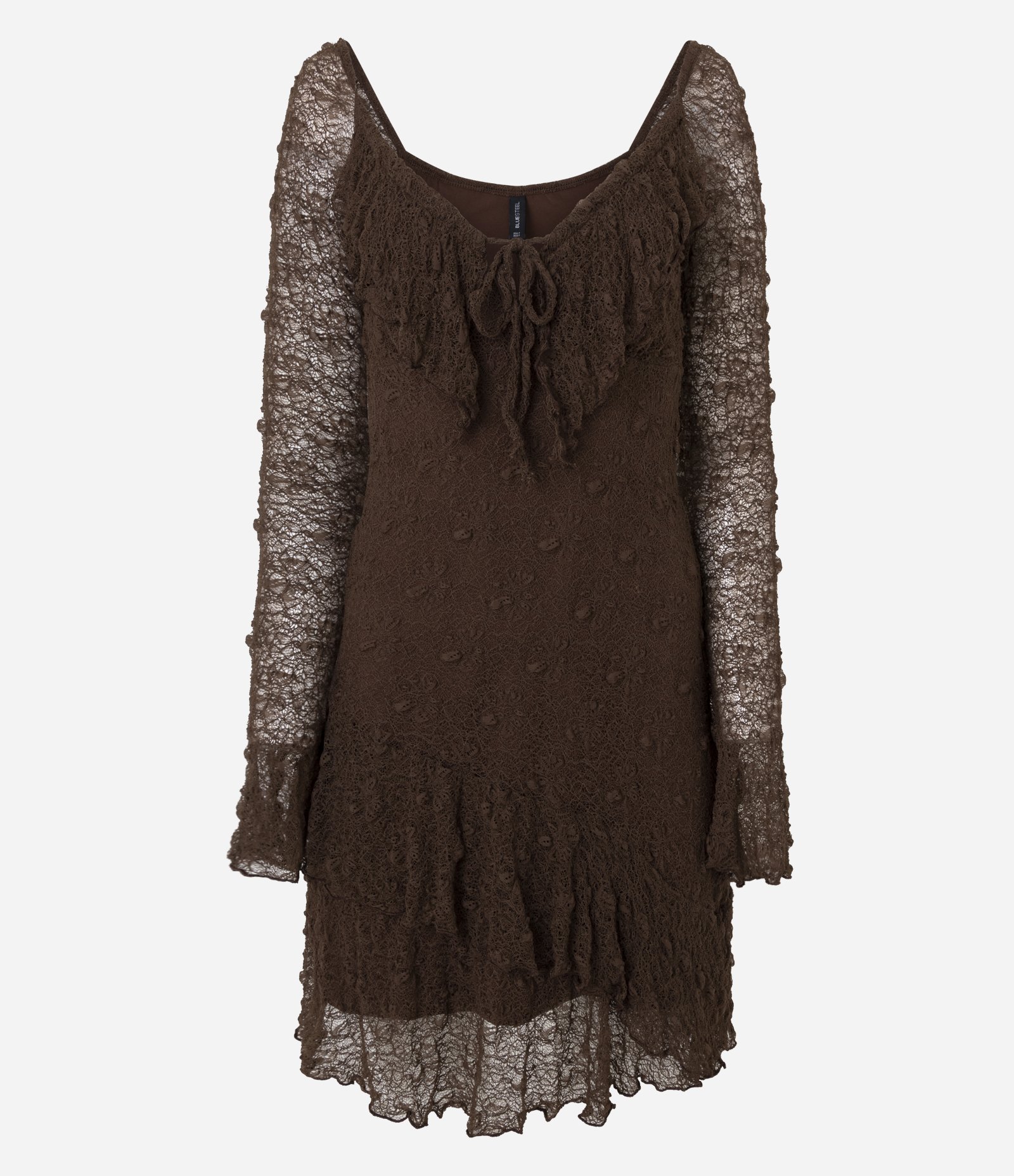 Vestido Curto em Renda com Manga Longa e Babados Marrom 5