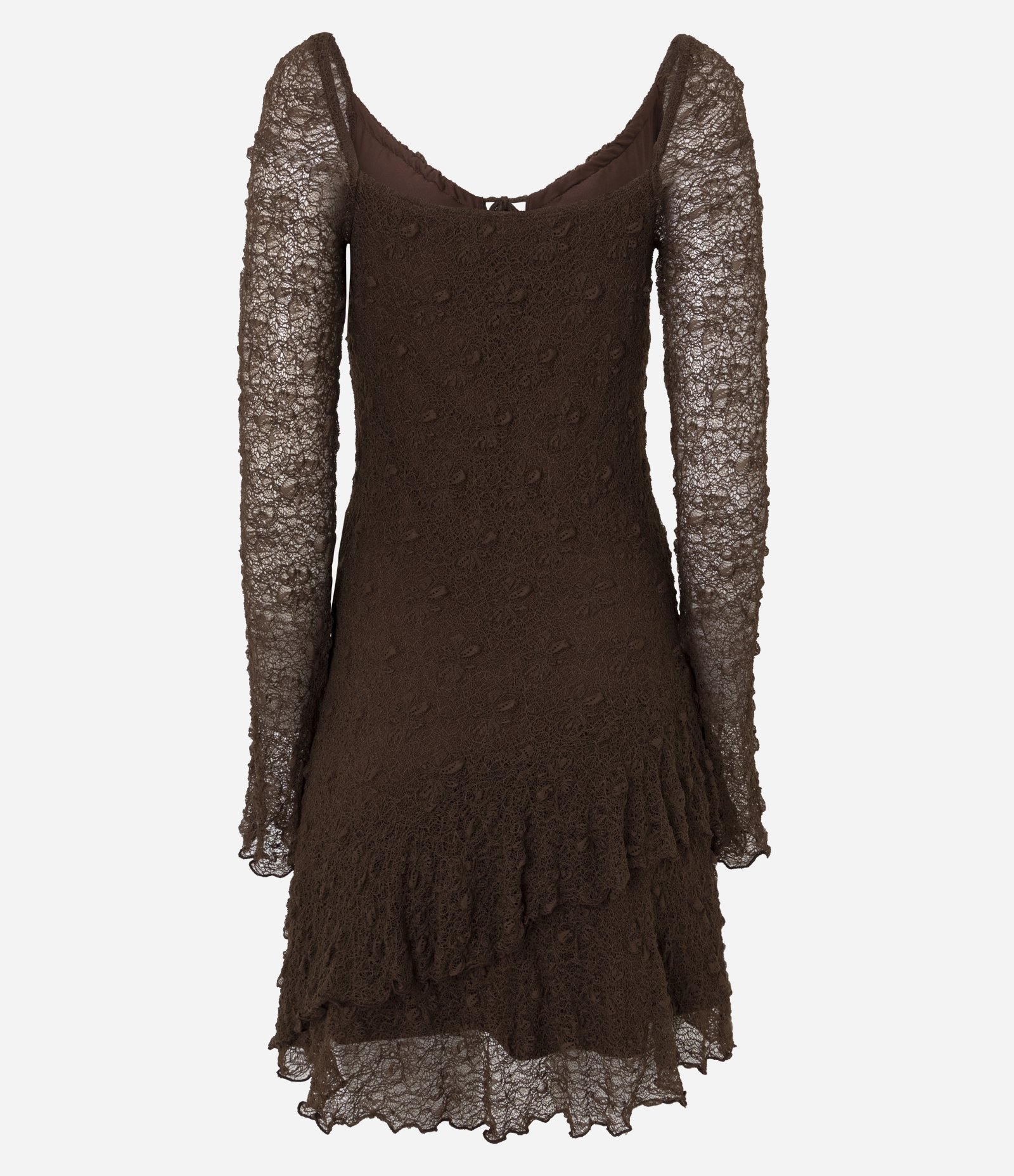 Vestido Curto em Renda com Manga Longa e Babados Marrom 7