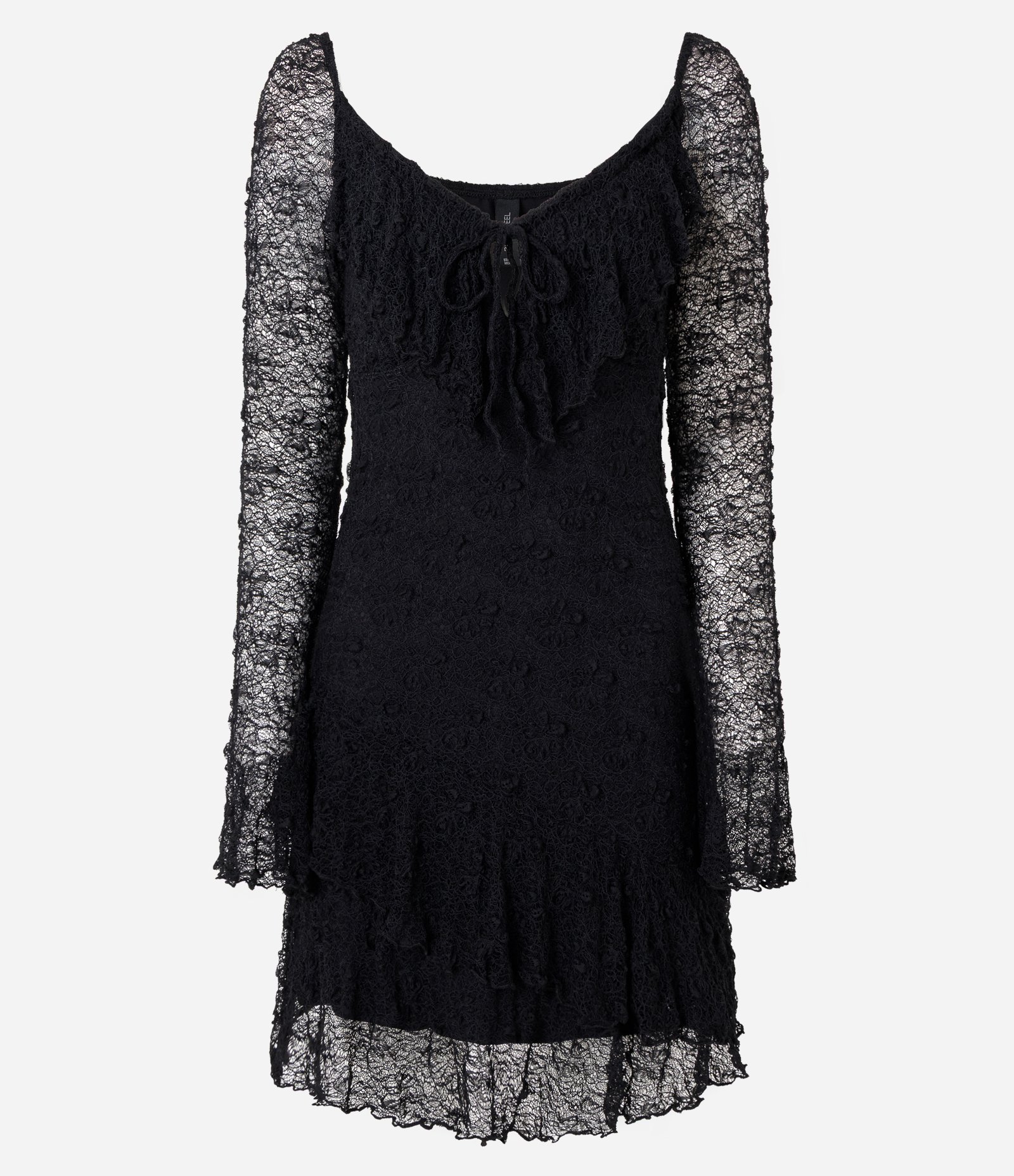 Vestido Curto em Renda com Manga Longa e Babados Preto 5