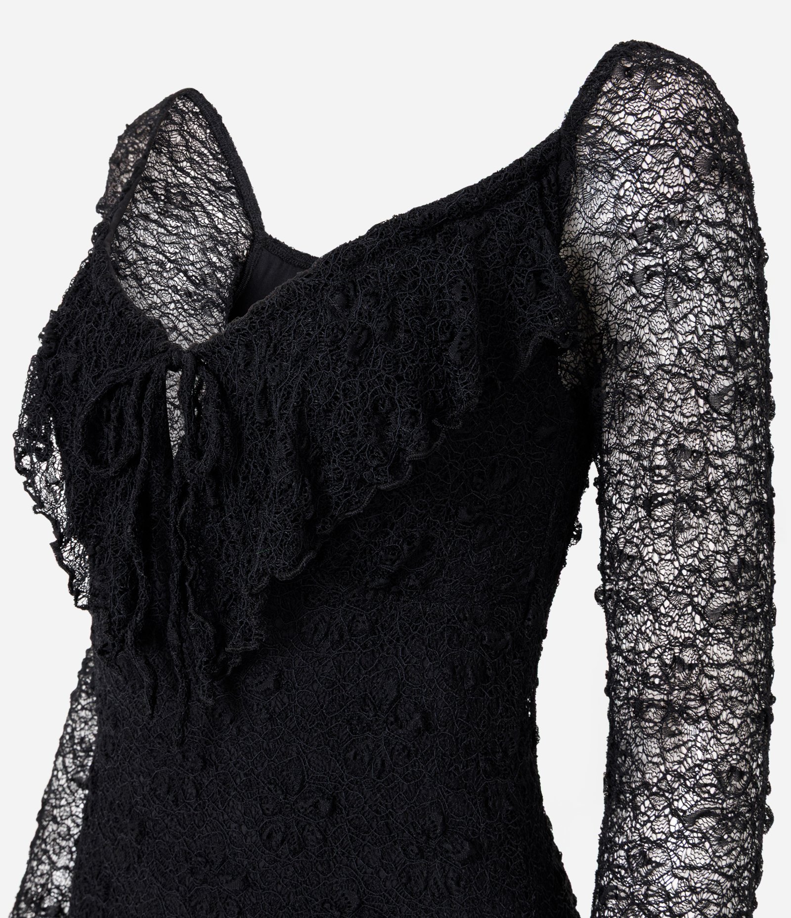 Vestido Curto em Renda com Manga Longa e Babados Preto 6