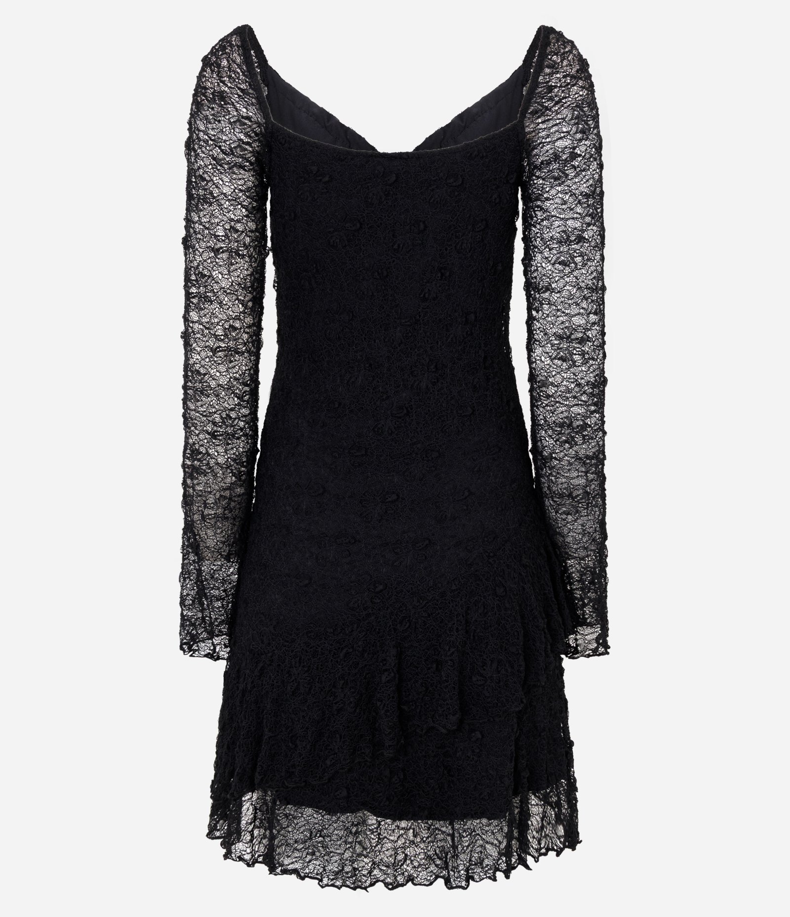Vestido Curto em Renda com Manga Longa e Babados Preto 7
