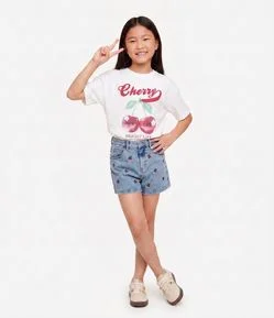 Short Infantil em Jeans com Bordado de Cerejas - Tam 5 a 14 Anos