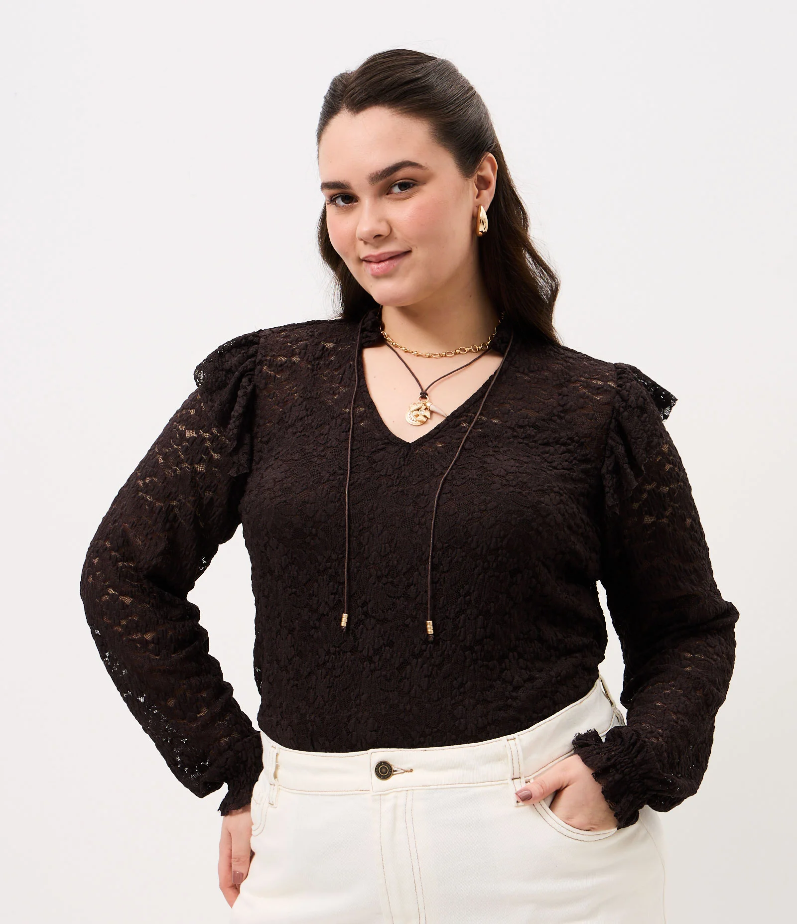 Blusa Renda Decote V Com Lastex Curve & Plus Size Marrom 1