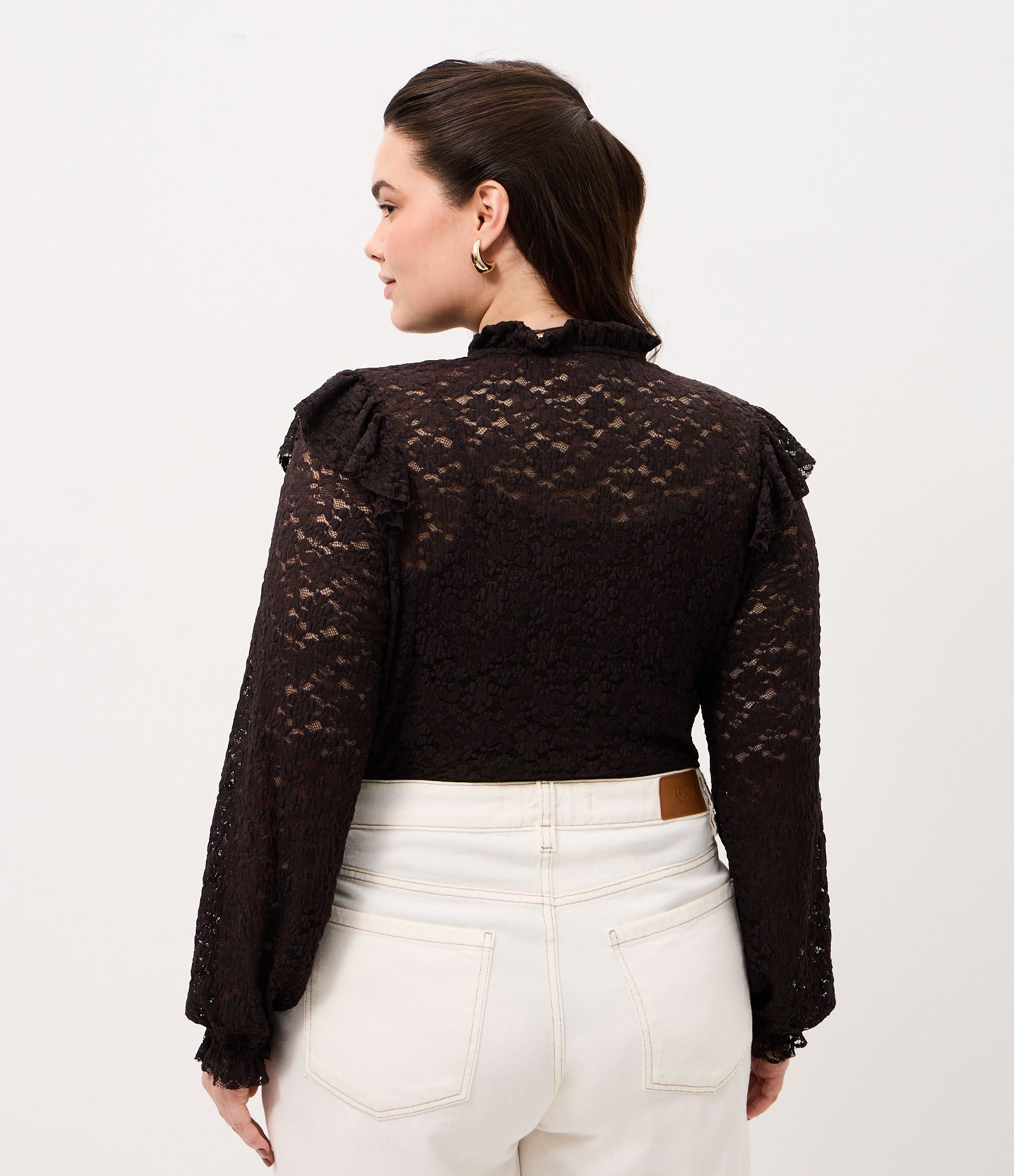 Blusa Renda Decote V Com Lastex Curve & Plus Size Marrom 5