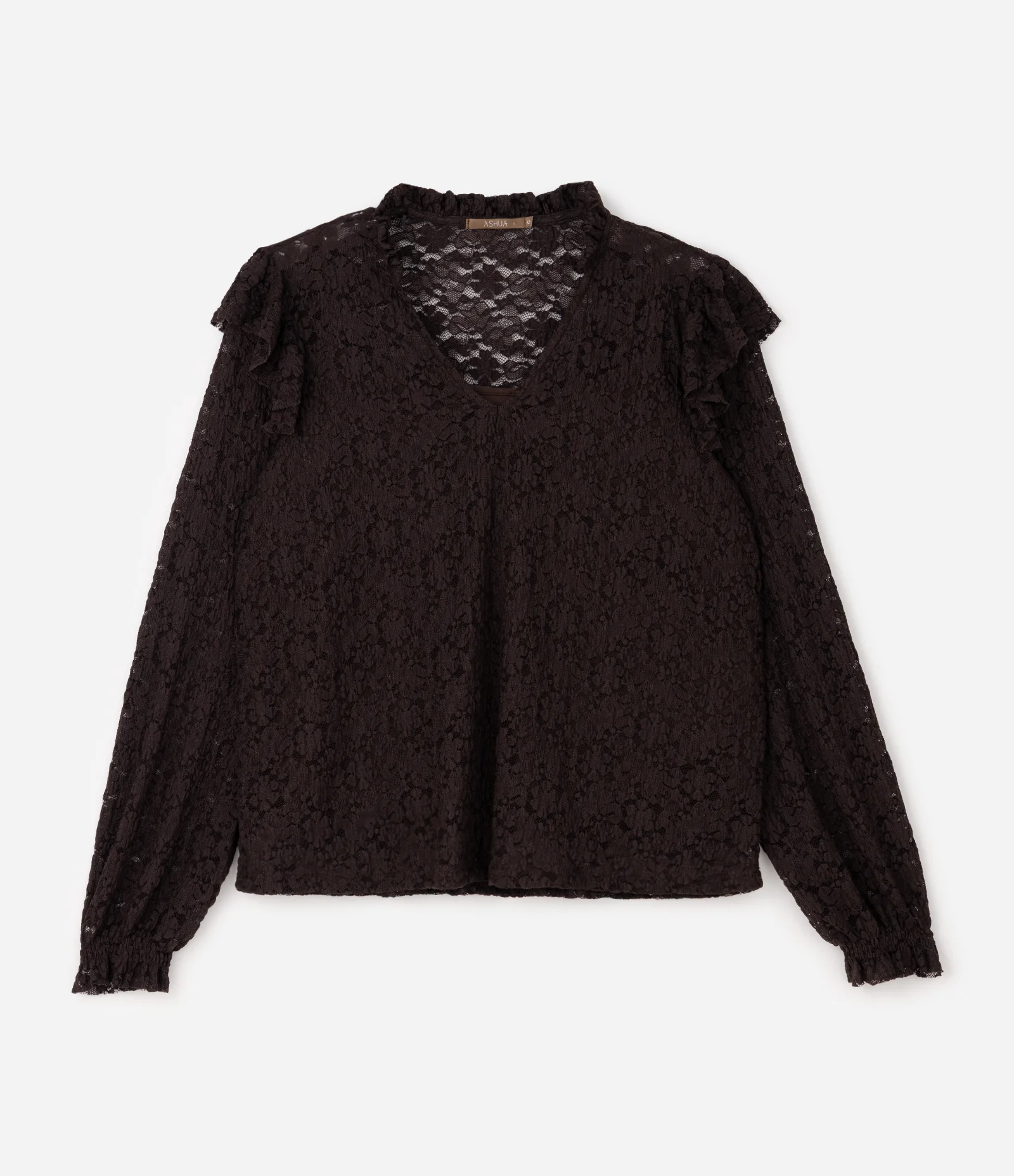 Blusa Renda Decote V Com Lastex Curve & Plus Size Marrom 6
