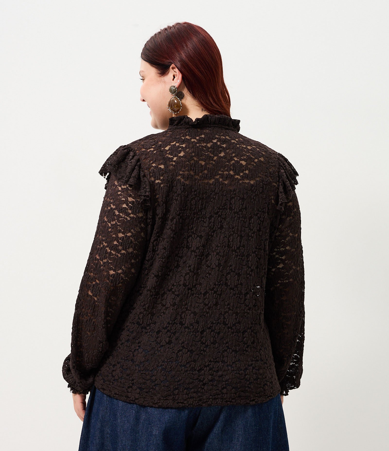 Blusa Renda Decote V Com Lastex Curve & Plus Size Marrom 5