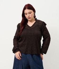 Blusa Renda Decote V Com Lastex Curve & Plus Size