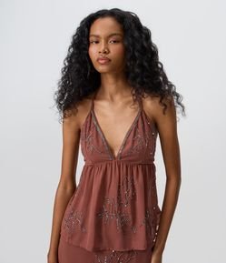 Blusa Frente Única em Chiffon com Bordados de Miçangas