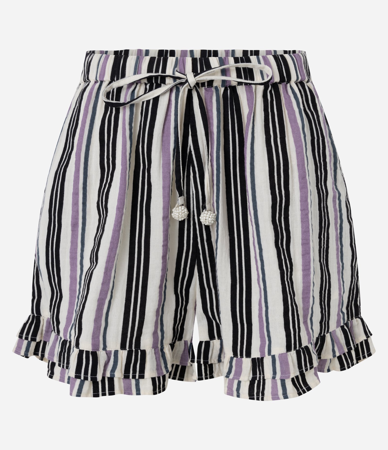 Short Listrado com Babados na Barra e Amarração no Cós Branco 5