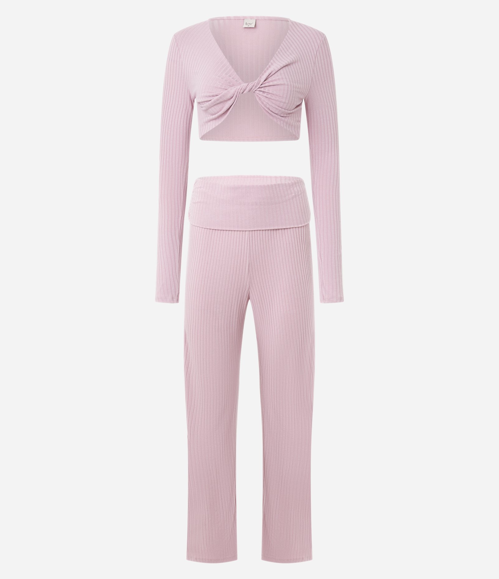 Pijama Longo em Ribana com Detalhe Torcido Rosa 4