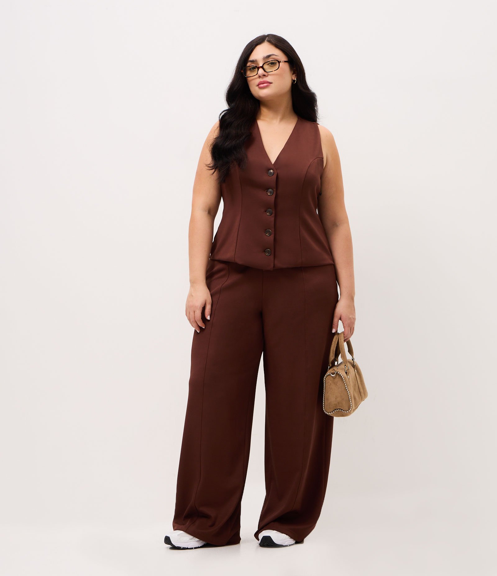 Calça Wide Leg Alfaiatada com Recortes Curve & Plus Size Marrom 2
