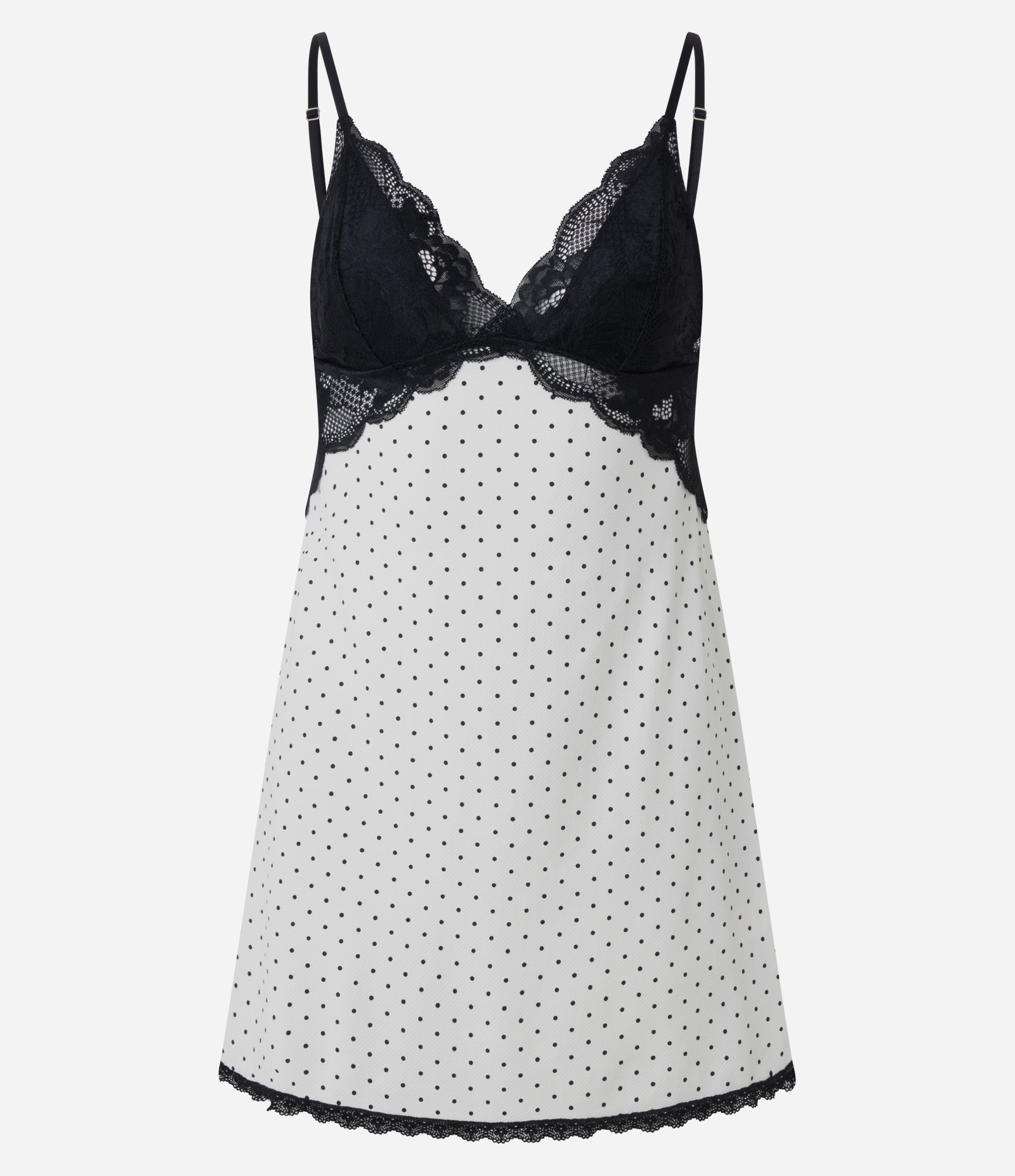 Camisola sem Bojo em Microfibra Poá com Renda Preto/Branco 4