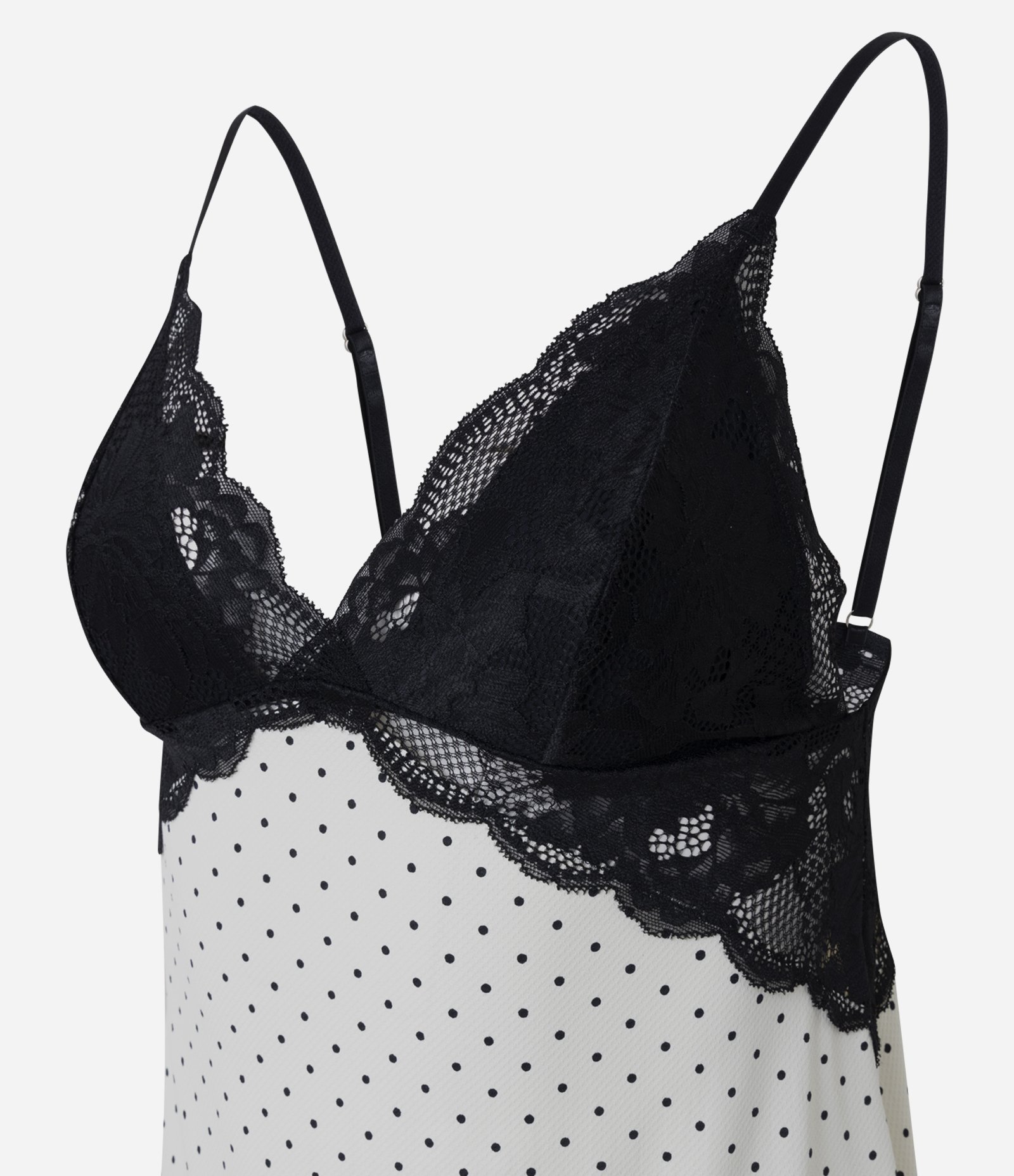 Camisola sem Bojo em Microfibra Poá com Renda Preto/Branco 5