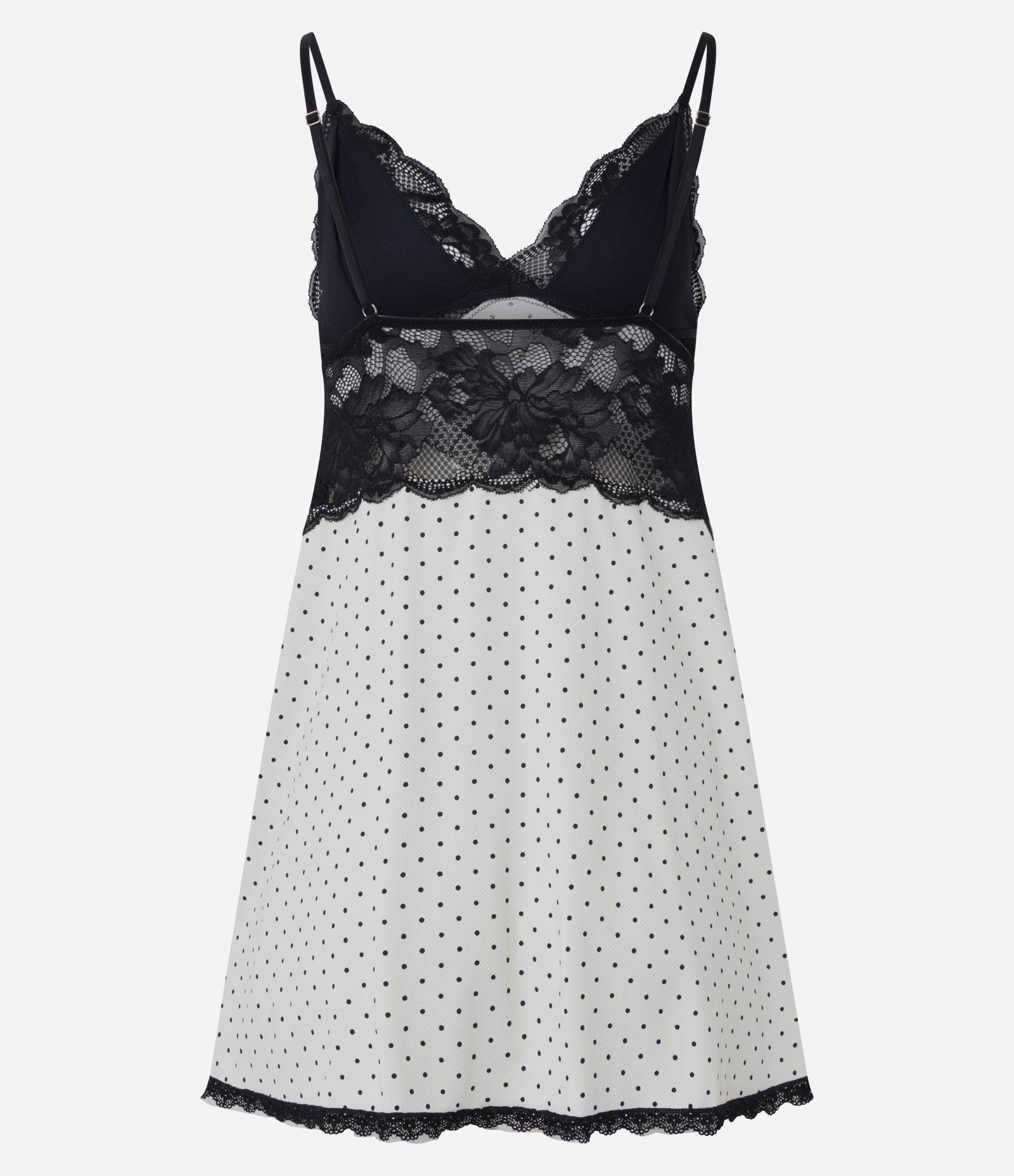 Camisola sem Bojo em Microfibra Poá com Renda Preto/Branco 6