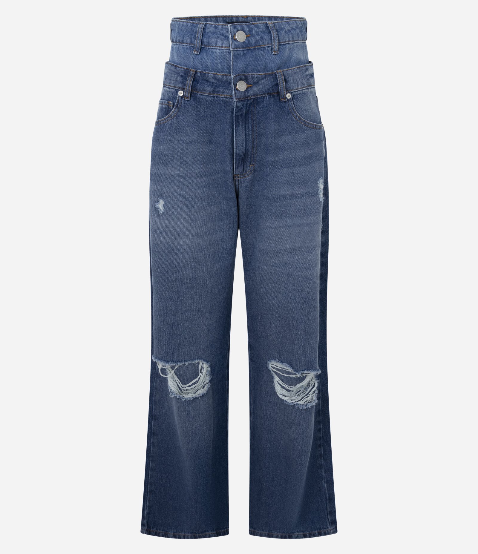 Calça Jeans Wide com Cós Duplo e Detalhes Rasgados Azul Escuro 5