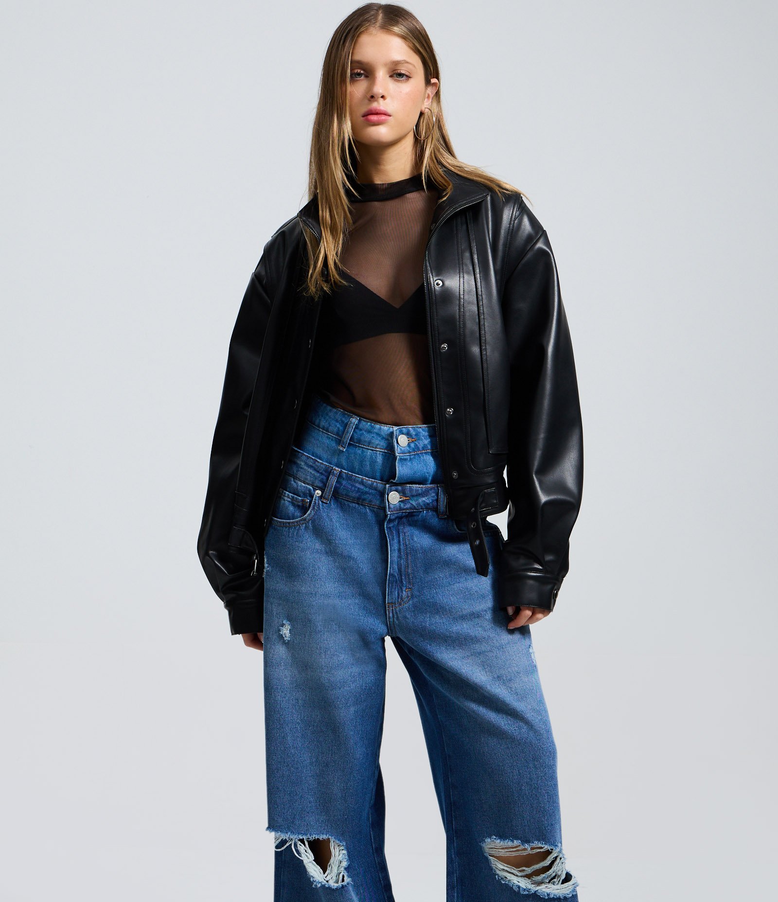 Calça Jeans Wide com Cós Duplo e Detalhes Rasgados Azul Escuro 2