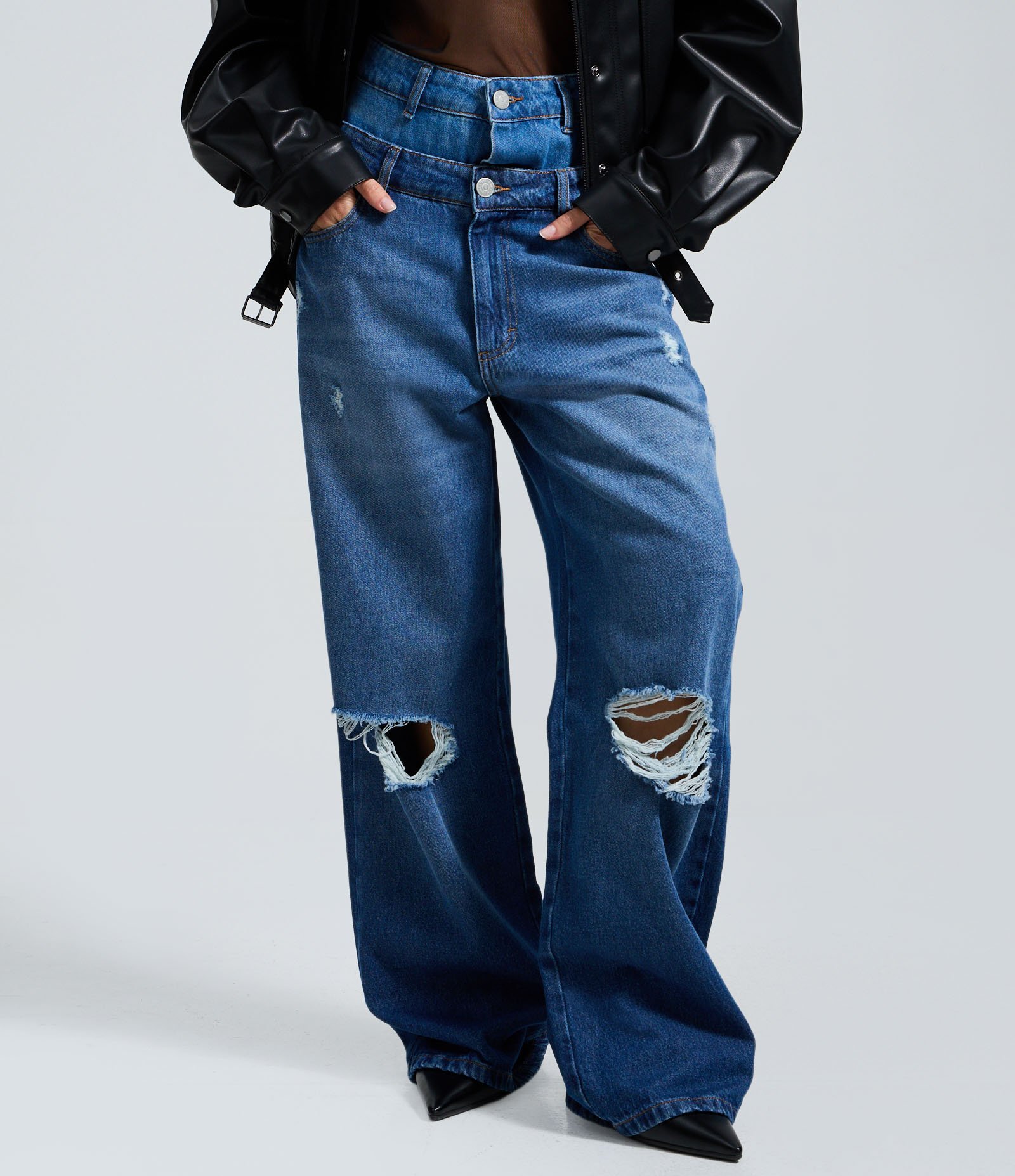 Calça Jeans Wide com Cós Duplo e Detalhes Rasgados Azul Escuro 3