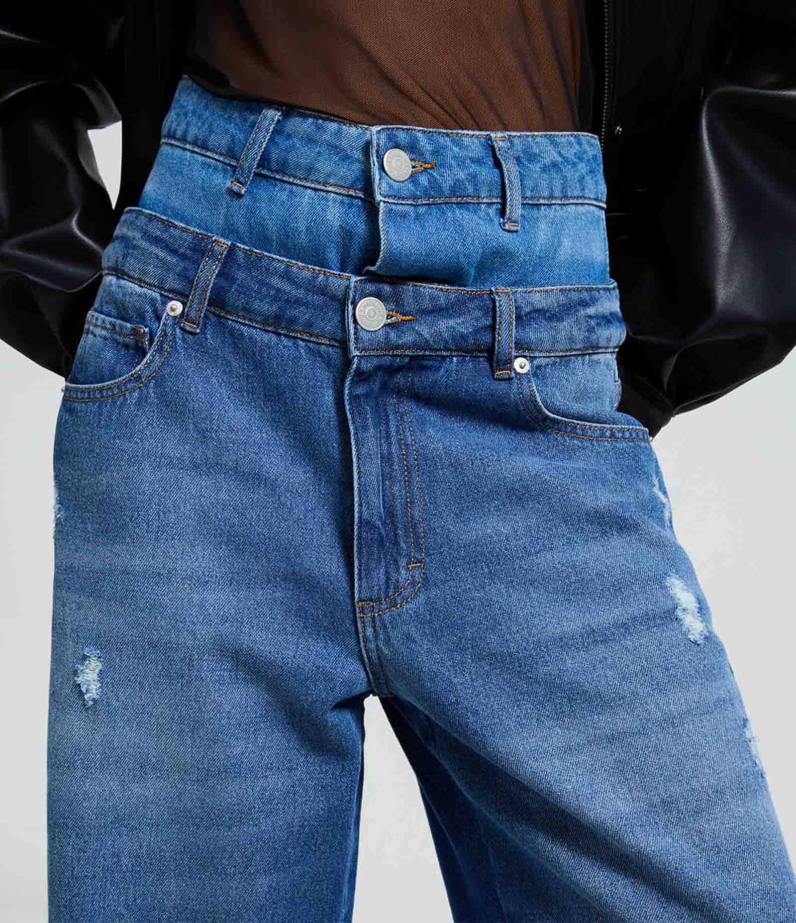 Calça Jeans Wide com Cós Duplo e Detalhes Rasgados Azul Escuro 4