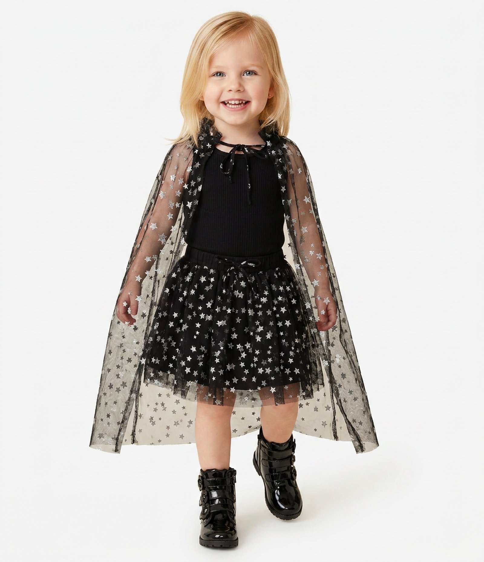 Regata Infantil em Tule com Capa Foil de Estrelas Halloween - Tam 1 a 6 Anos Preto 1