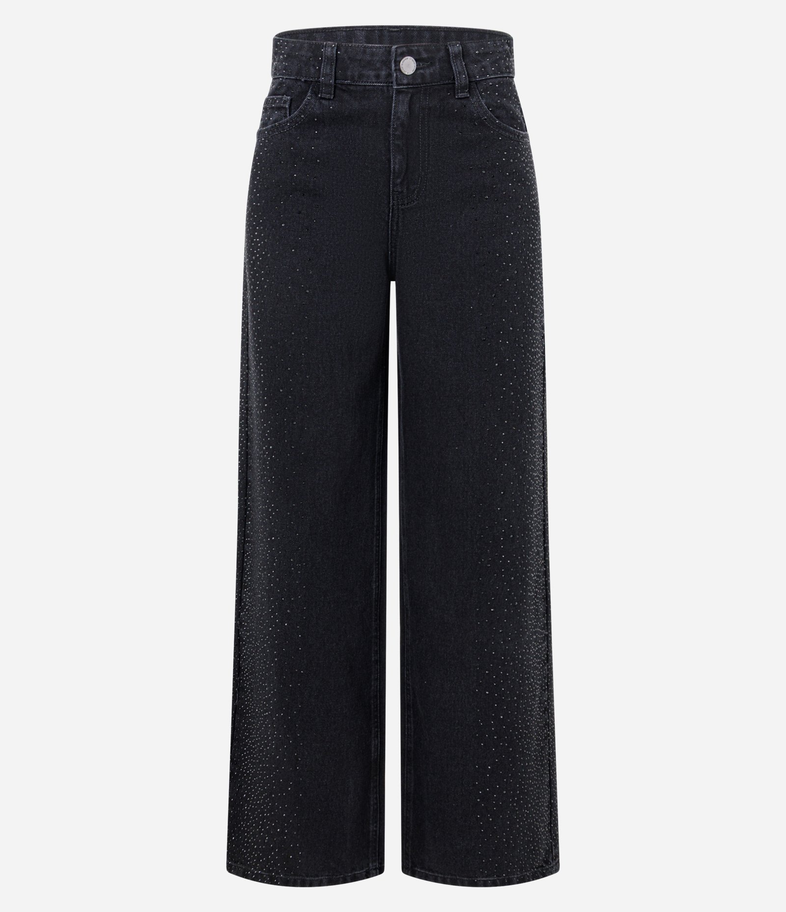 Calça Wide Leg em Jeans com Cintura Média e Aplicação de Brilho Preto 1