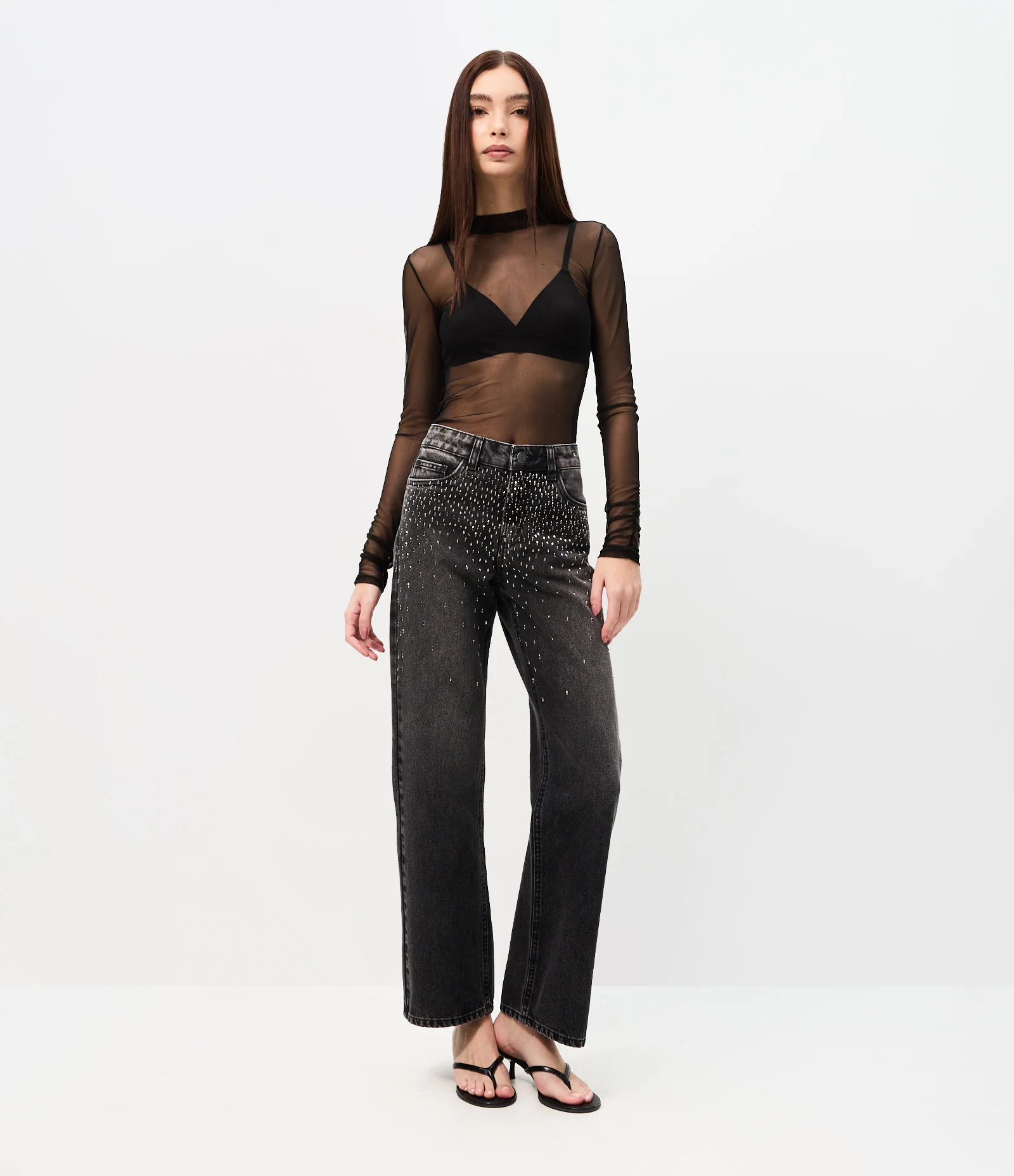 Calça Comfort Reta em Jeans com Brilho Losango e Cintura Baixa Preto 1