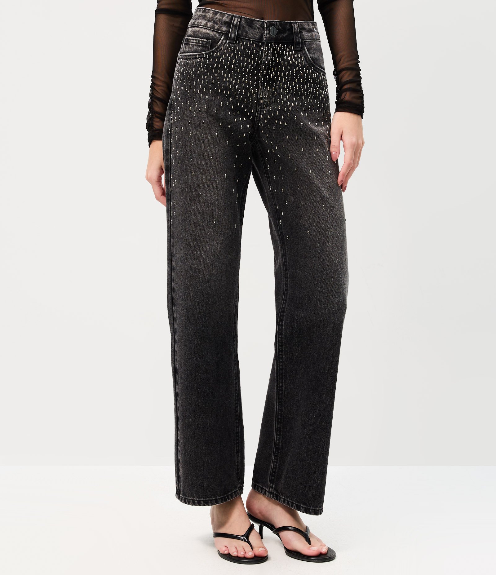 Calça Comfort Reta em Jeans com Brilho Losango e Cintura Baixa Preto 2