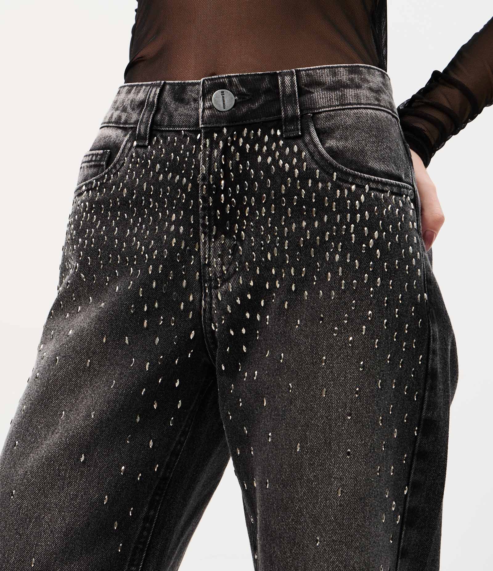 Calça Comfort Reta em Jeans com Brilho Losango e Cintura Baixa Preto 3