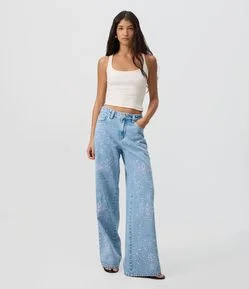 Calça Wide Leg Jeans com Cintura Média e Bordado Floral