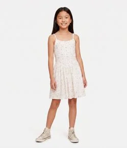 Vestido Infantil Floral em Anarruga com Saia Franzida - Tam 5 a 14 Anos