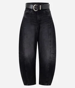 Calça Baggy Balloon em Jeans com Cinto em PU