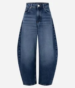 Calça Barrel em Jeans com Cintura Alta e Recortes Laterais