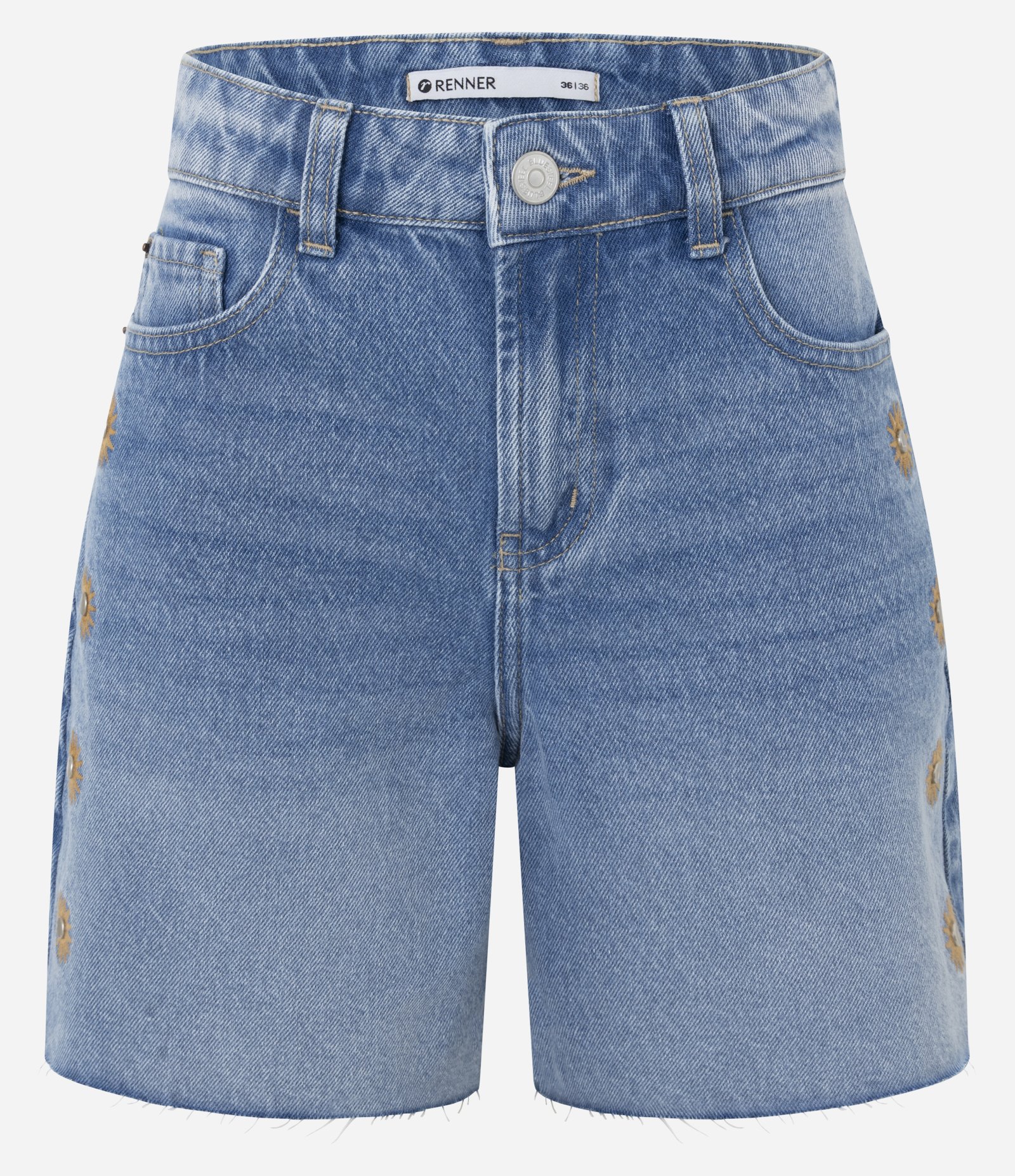 Short Midi em Jeans com Cintura Média e Bordado Sol Azul 5