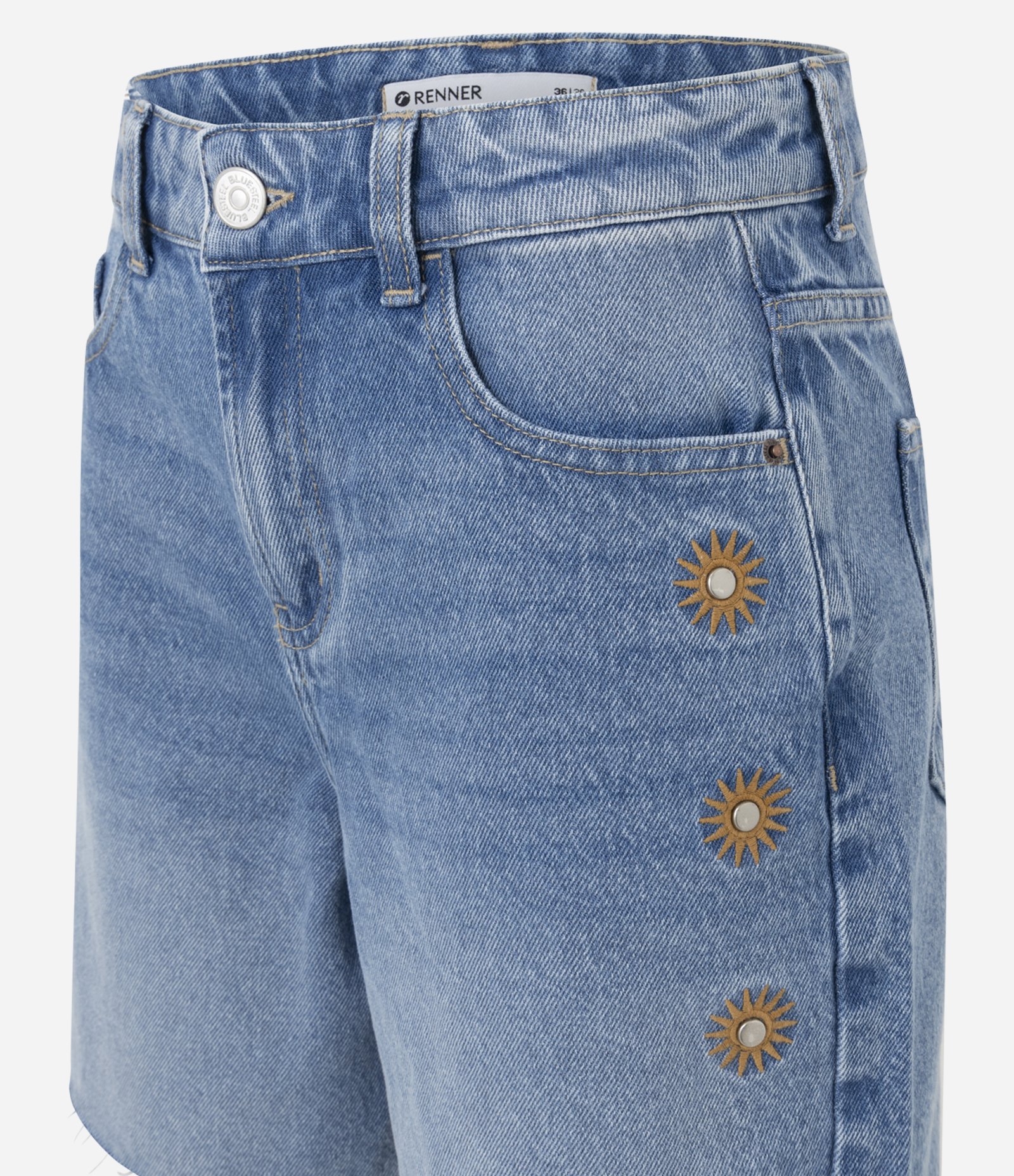 Short Midi em Jeans com Cintura Média e Bordado Sol Azul 6