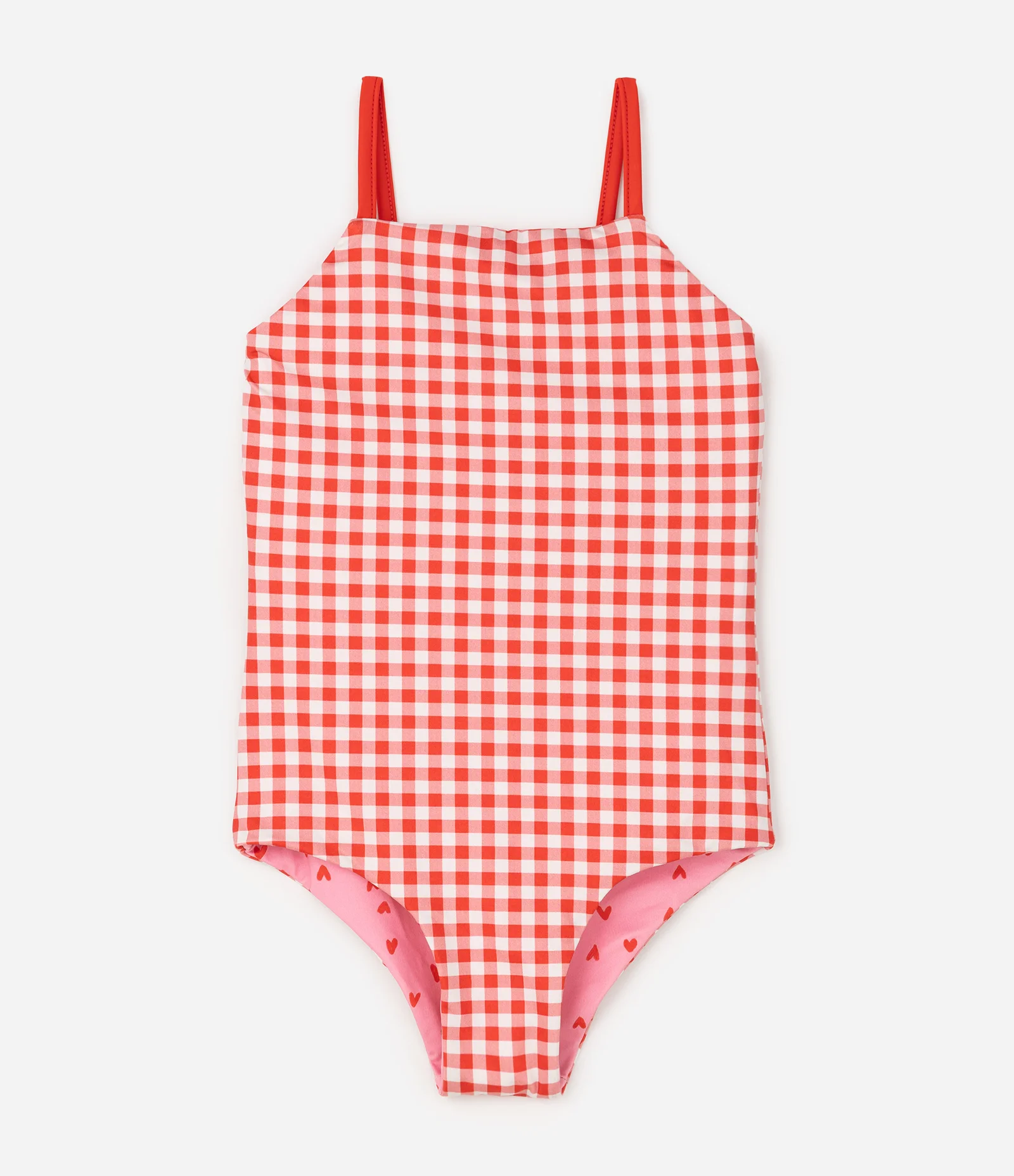Maiô Infantil Dupla Face com Estampa Xadrez Vichy e Corações – Tam 5 a 14 Anos Vermelho/Branco 1
