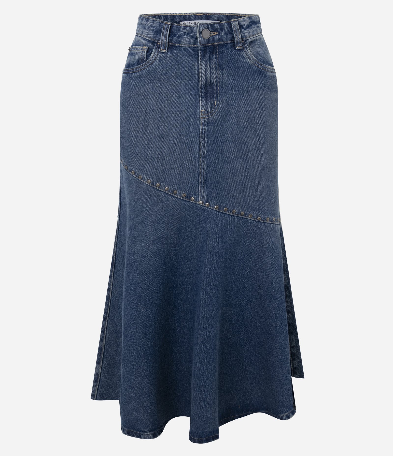 Saia Midi em Jeans com Cintura Média e Tachas Azul 5