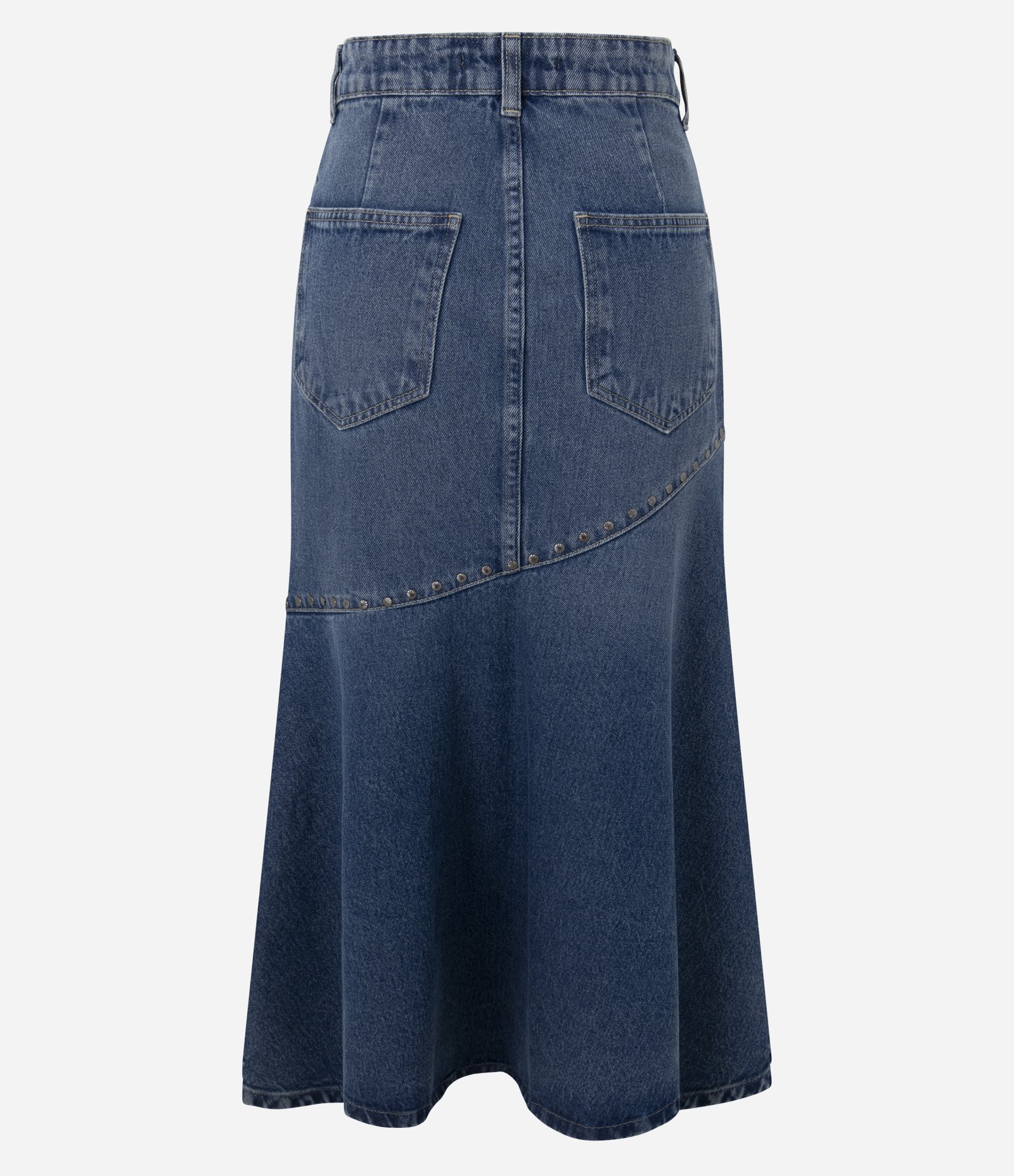Saia Midi em Jeans com Cintura Média e Tachas Azul 6