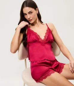 Pijama Short Doll em Cetim com Renda e Amarração