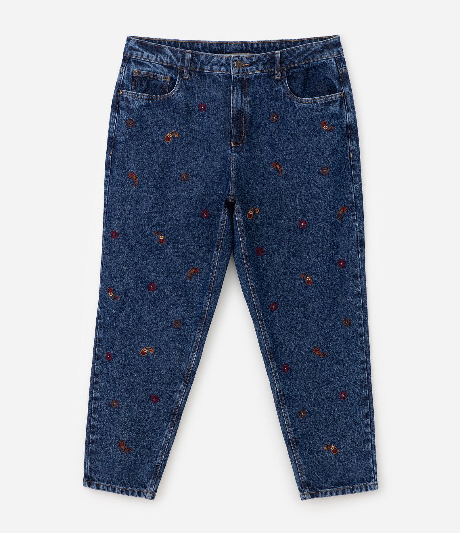 Calça Jeans Mom Bordado Paisley Curve & Plus Size Azul 6